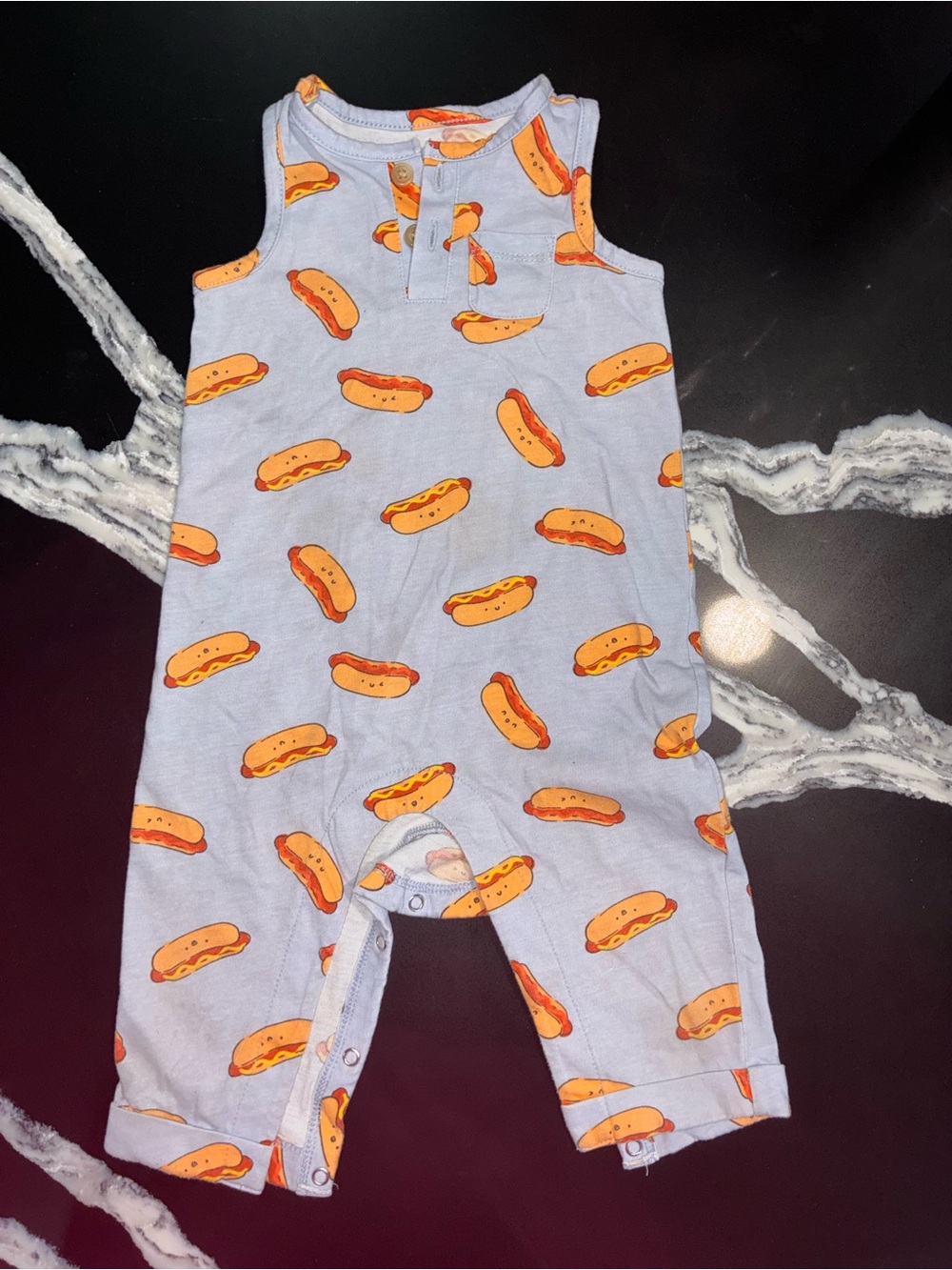 Old Navy Light Blue Sleeveless Baby Romper with Hot Dog Print